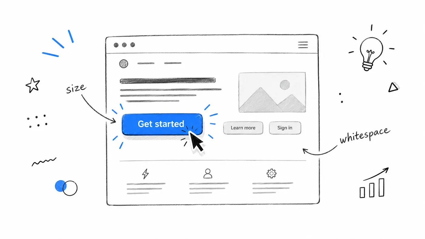 A sketched illustration of a website interface highlighting design elements like button size and page whitespace.