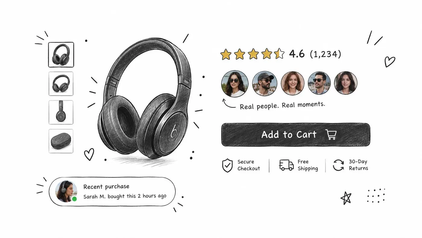 A hand-drawn sketch of a product page for wireless headphones featuring customer reviews and purchase social proof.