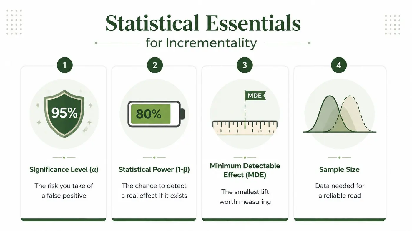 An infographic titled Statistical Essentials for Incrementality illustrating four key concepts: significance level, statistical power, MDE, and sample size.