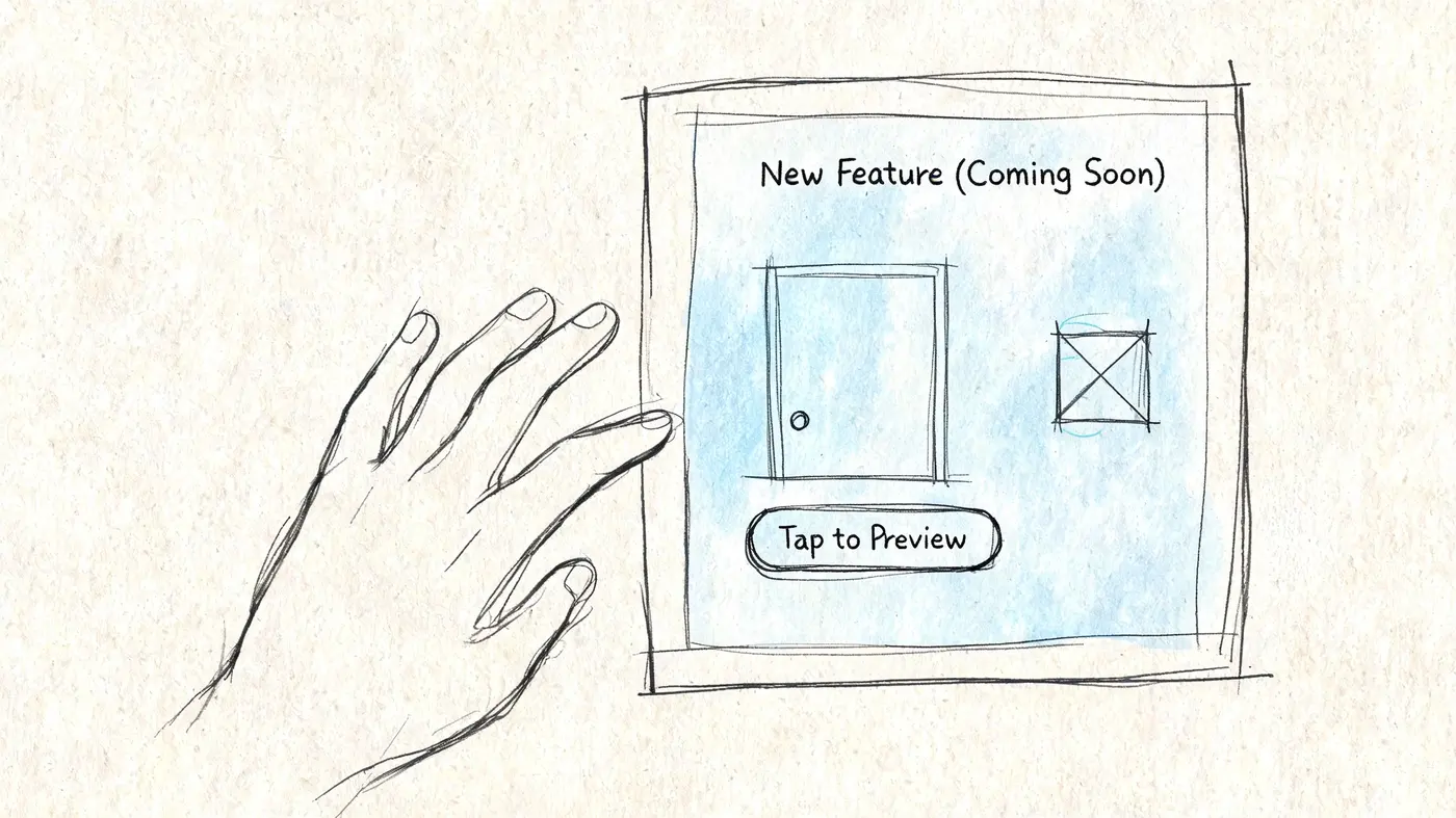 A hand sketch depicting a fake door test user interface featuring a coming soon feature preview.