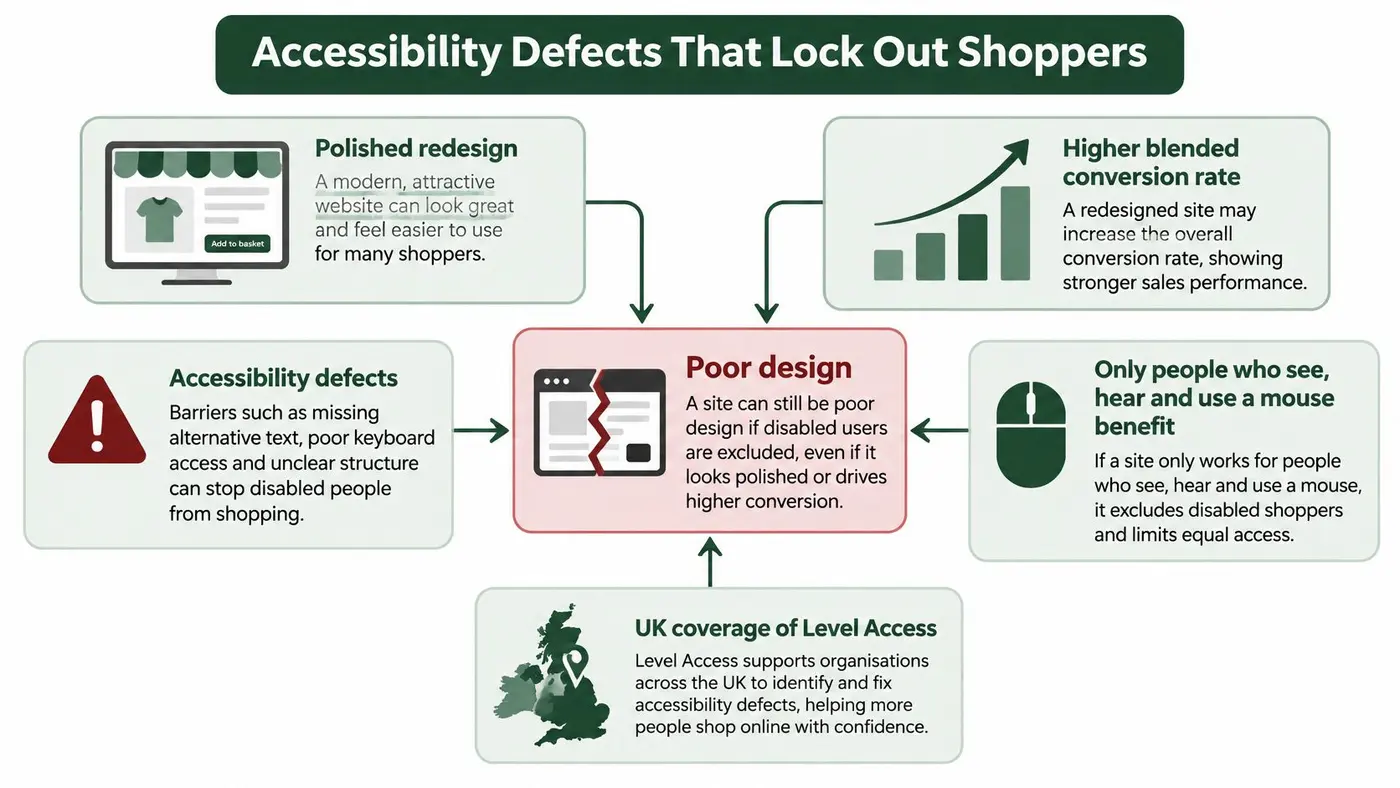 An infographic titled Accessibility Defects That Lock Out Shoppers, illustrating how poor web design impacts disabled users.