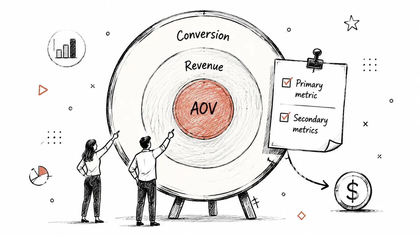 A conceptual illustration of a target board with AOV, revenue, and conversion metrics being analyzed by professionals.