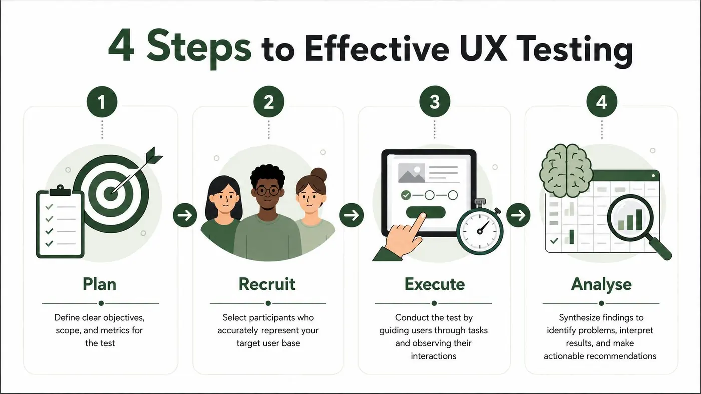 A four-step infographic illustrating the process of effective user experience testing, from planning to final analysis.
