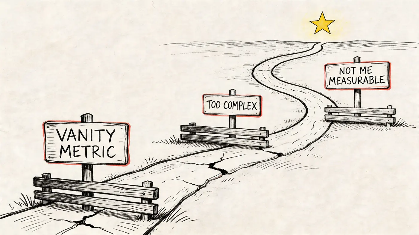 A hand-drawn illustration showing a road leading to a star, blocked by signs labeled vanity metric, too complex, and not me measurable.