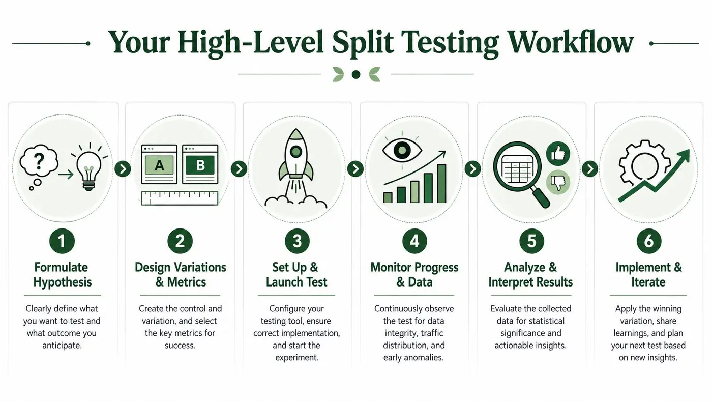 A six-step infographic illustrating a high-level split testing workflow, from hypothesis formulation to implementation and iteration.