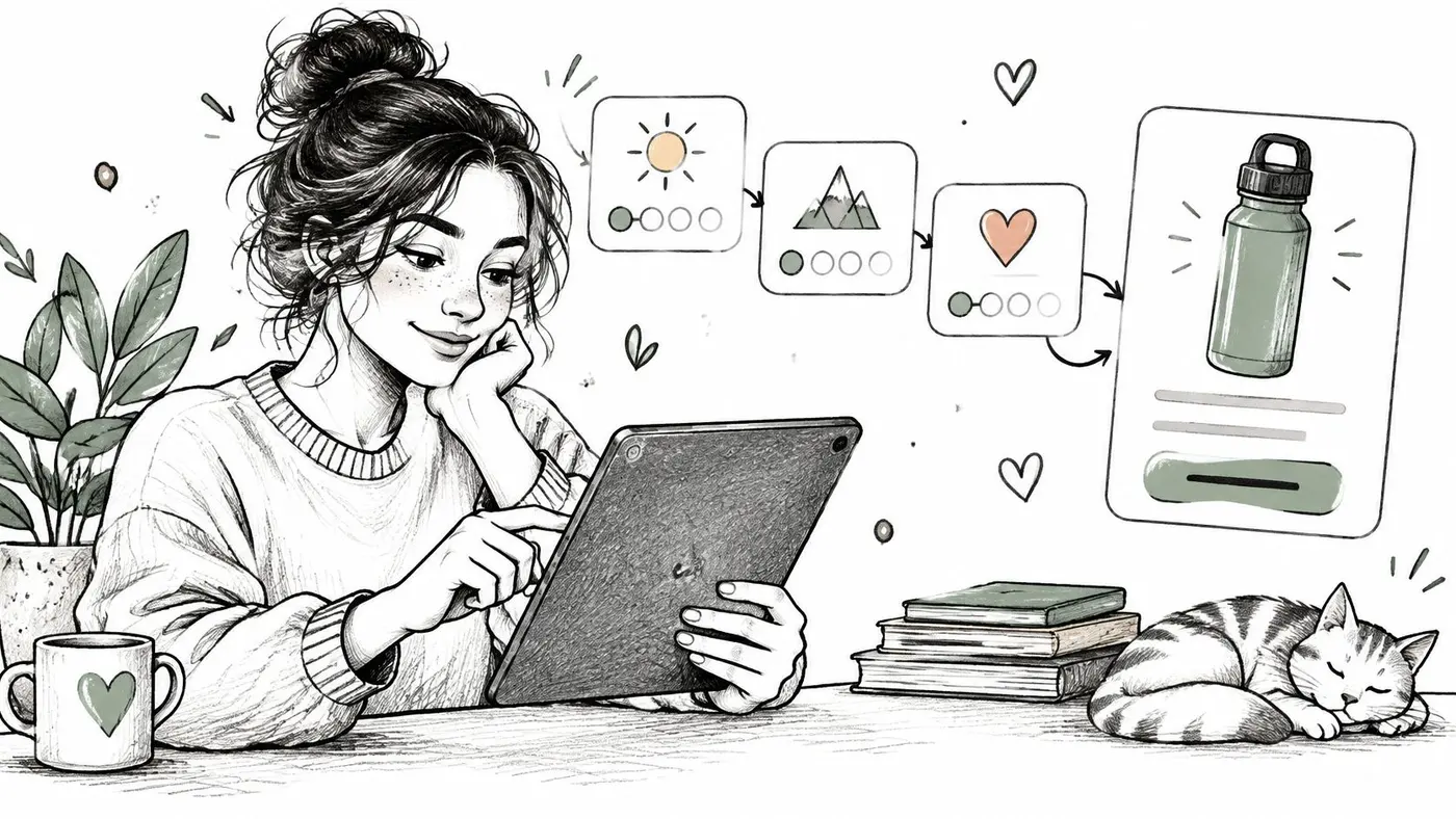 A woman using a tablet for B2C lead generation while sitting at a desk with a cat.