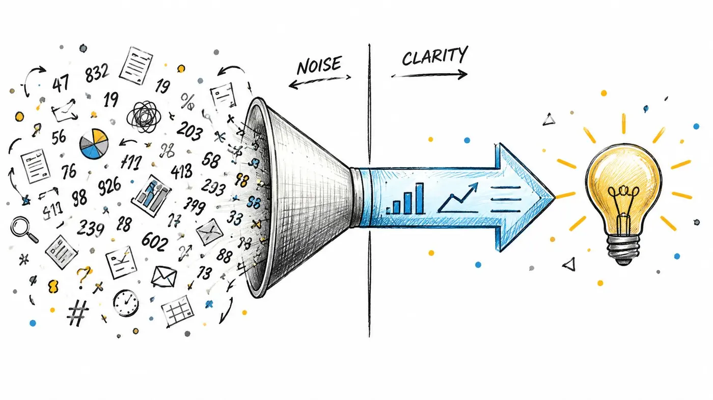 A conceptual drawing showing disorganized data entering a funnel and exiting as a clear, bright lightbulb idea.