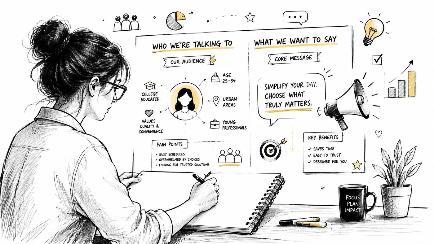 A woman sketching a marketing strategy on a whiteboard with target audience and core messaging notes.