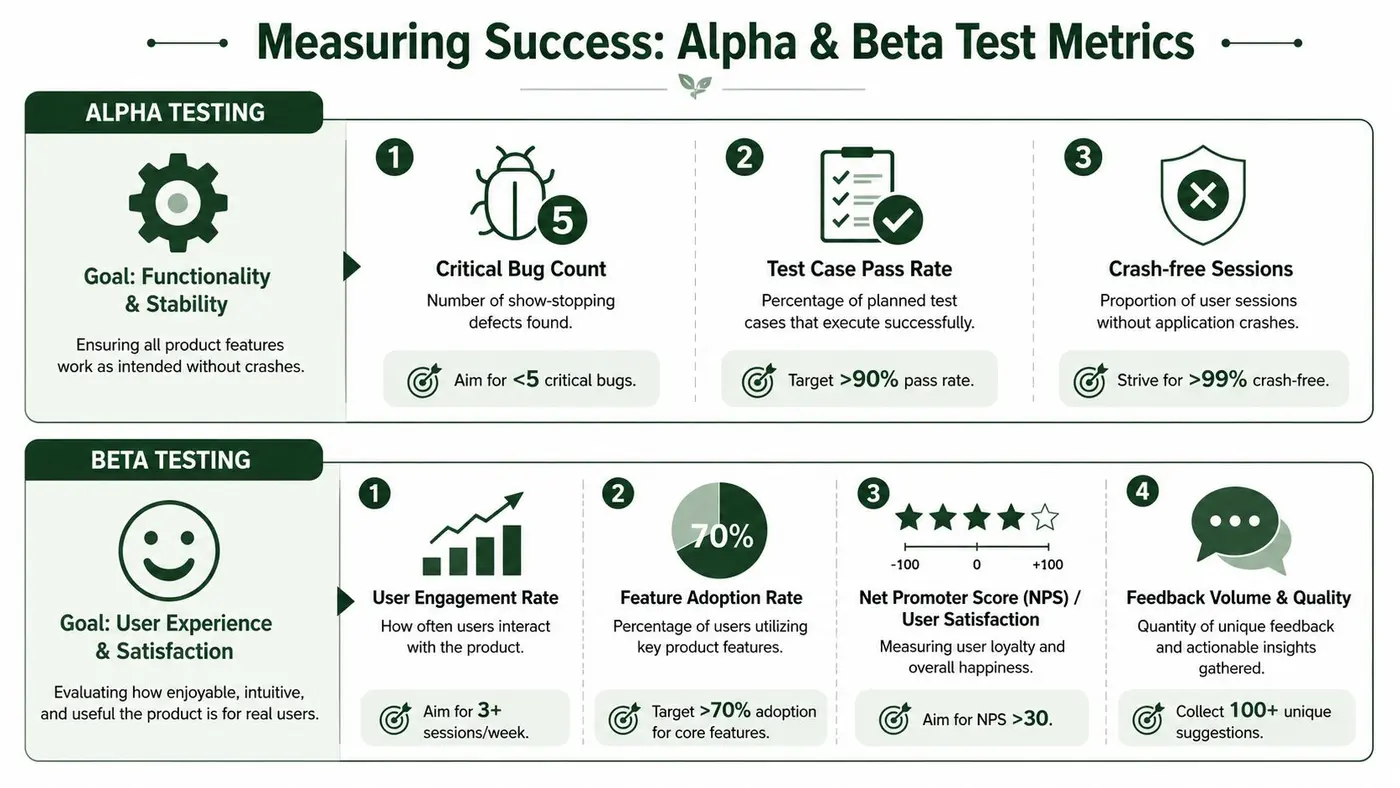 An infographic titled Measuring Success: Alpha & Beta Test Metrics, outlining key performance indicators for software testing phases.