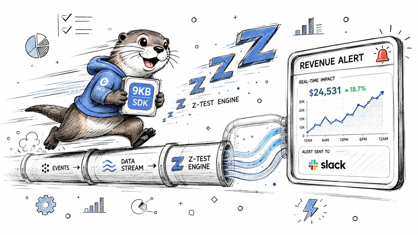 A cartoon otter running on a data pipeline, using a 9KB SDK to generate a revenue alert notification.