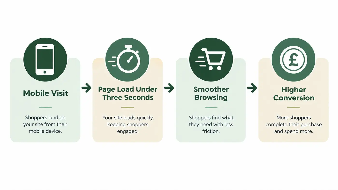 A process flow chart illustrating the four steps from a mobile site visit to higher e-commerce conversion.