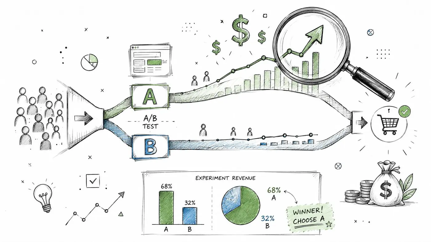 A hand-drawn illustration depicting A/B testing process, showing traffic split, data analysis, and final conversion results.