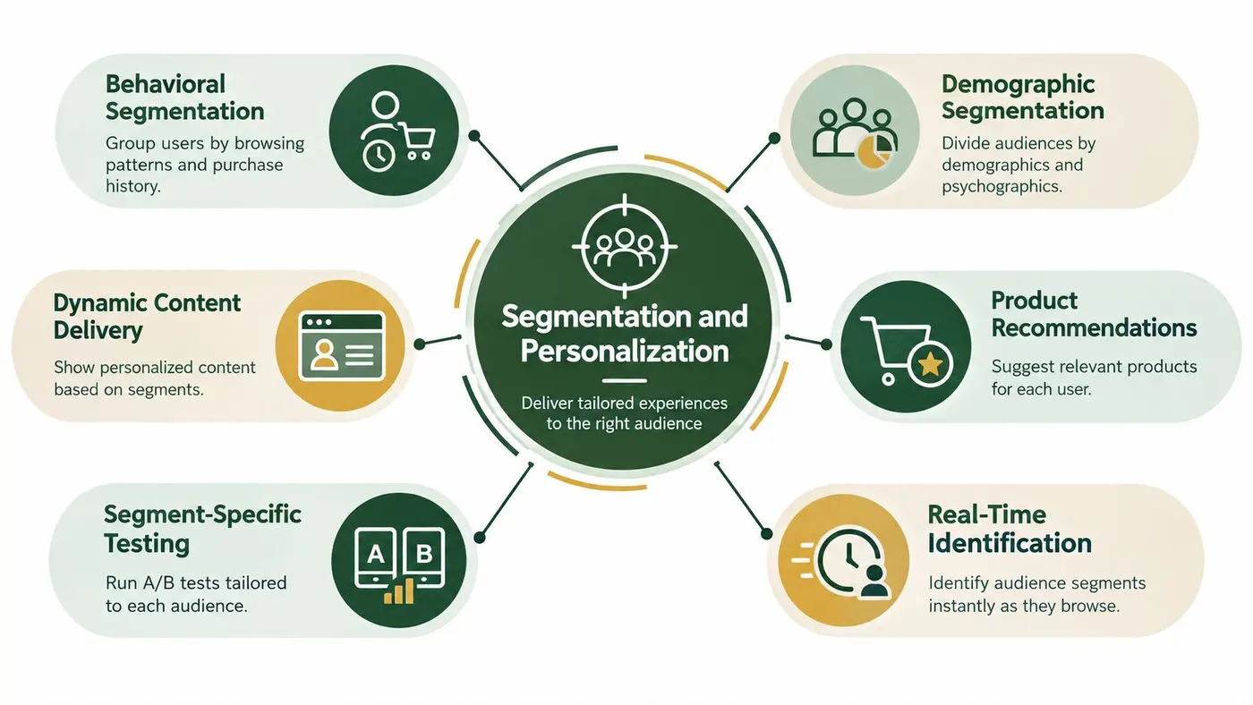 A diagram illustrating six core data-driven marketing strategies for effective customer segmentation and personalization techniques.
