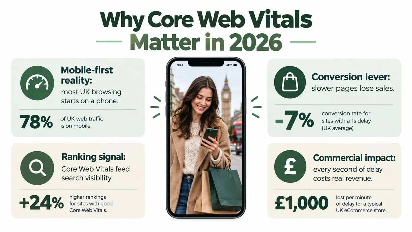 An infographic titled Why Core Web Vitals Matter in 2026, showing statistics on mobile traffic, conversion rates, and SEO impact.