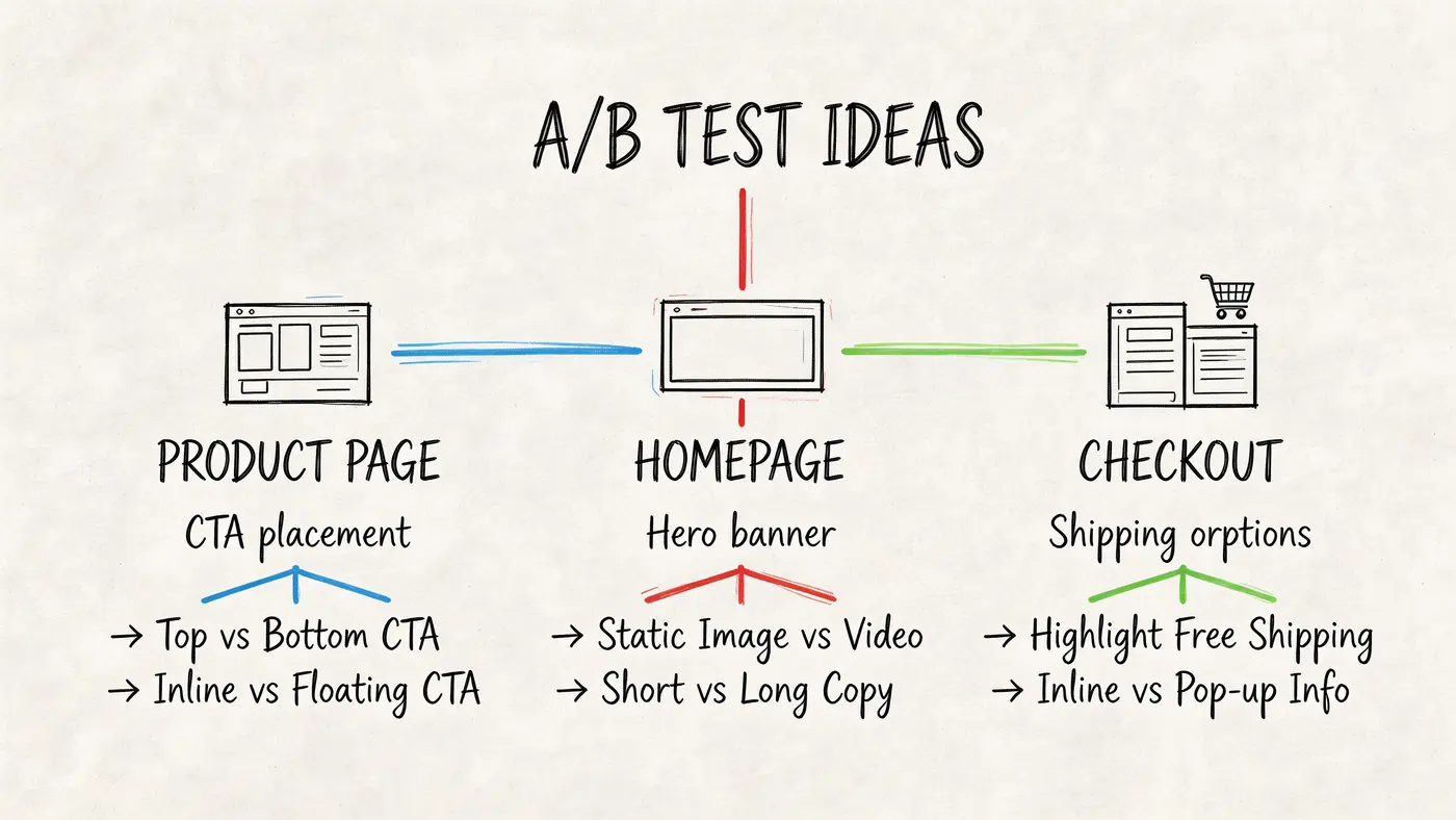 A diagram illustrating A/B test ideas for Shopify websites, covering product pages, homepages, and checkout processes.