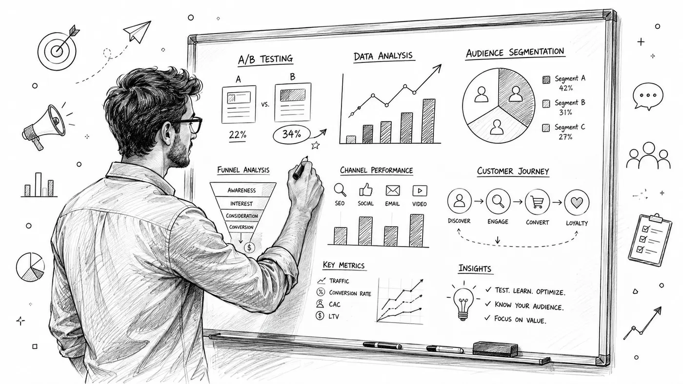A professional man drawing marketing strategy concepts including funnel analysis and audience segmentation on a whiteboard.