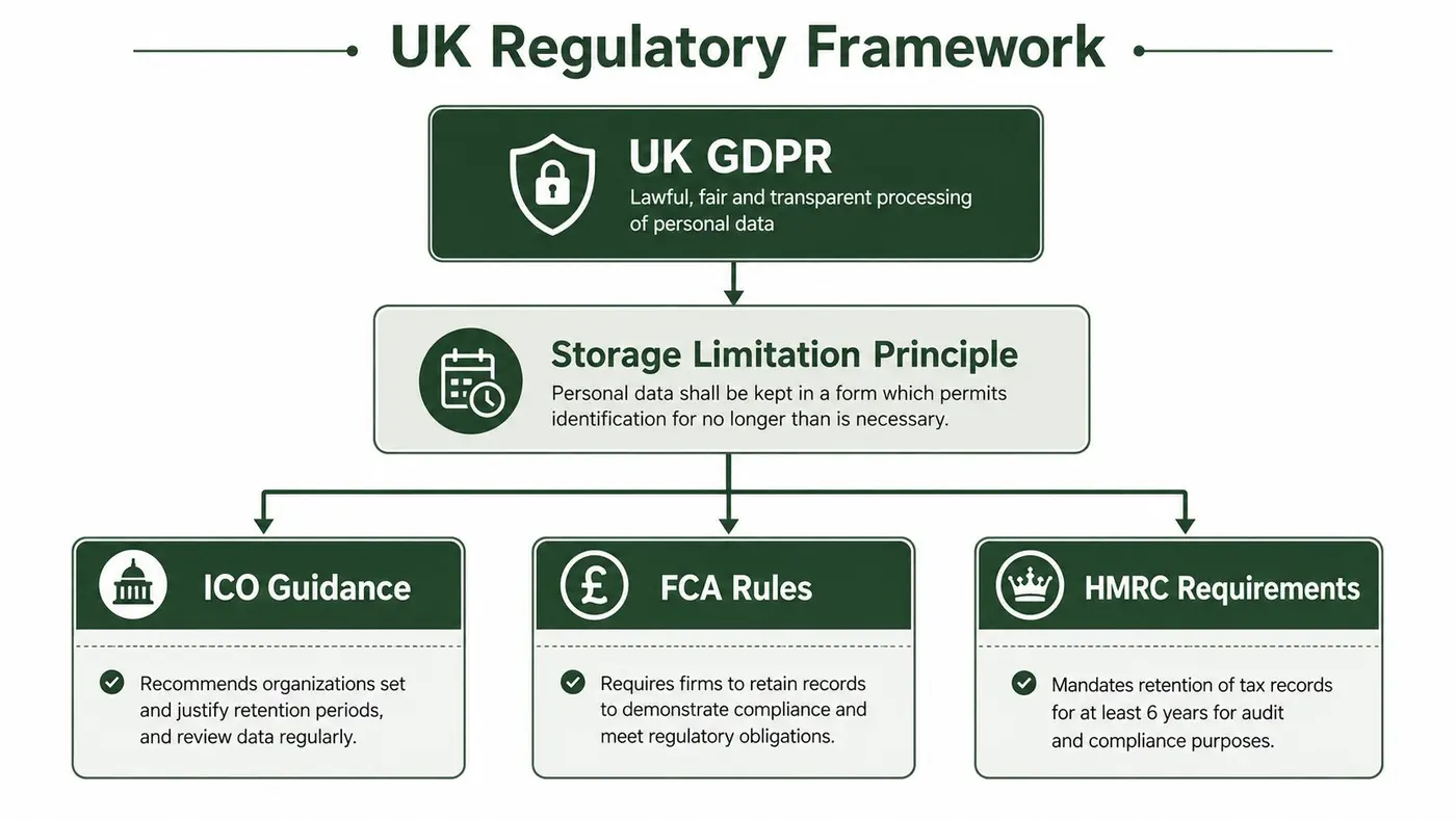 A diagram outlining the UK regulatory framework for data retention including GDPR, storage limitation, and compliance bodies.