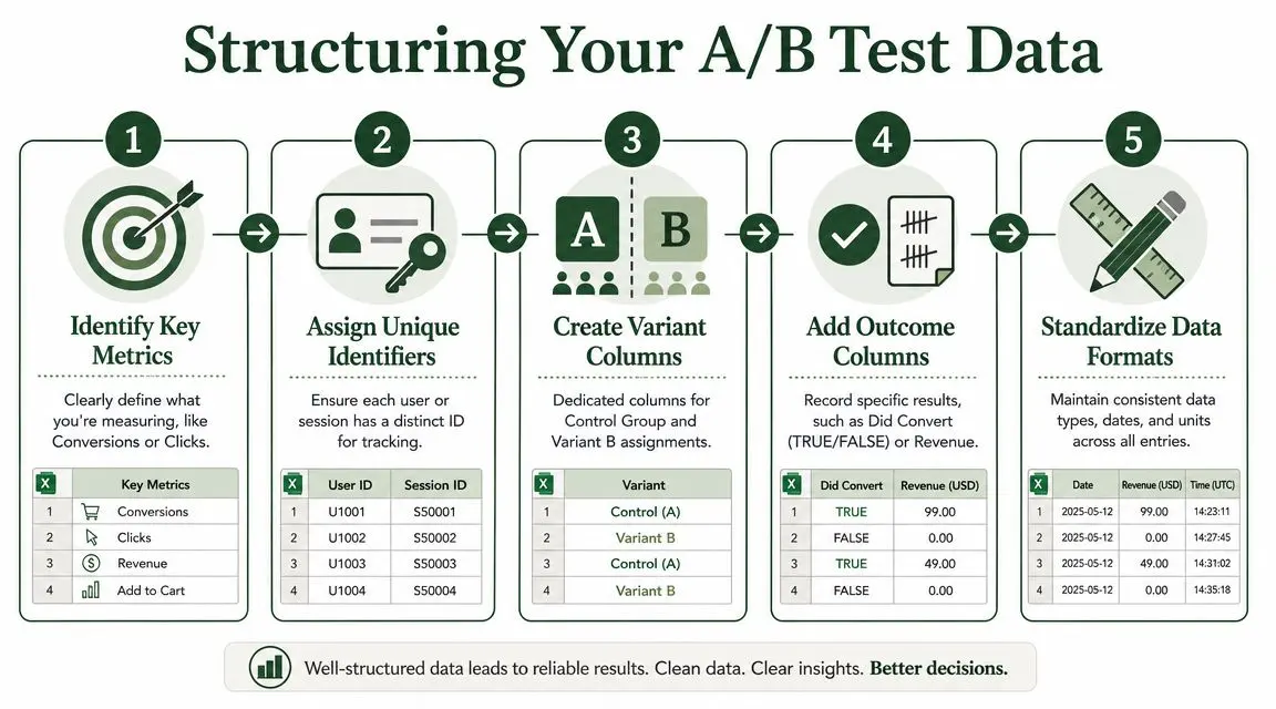 A five-step infographic illustrating how to structure A/B test data using spreadsheet columns and tables.