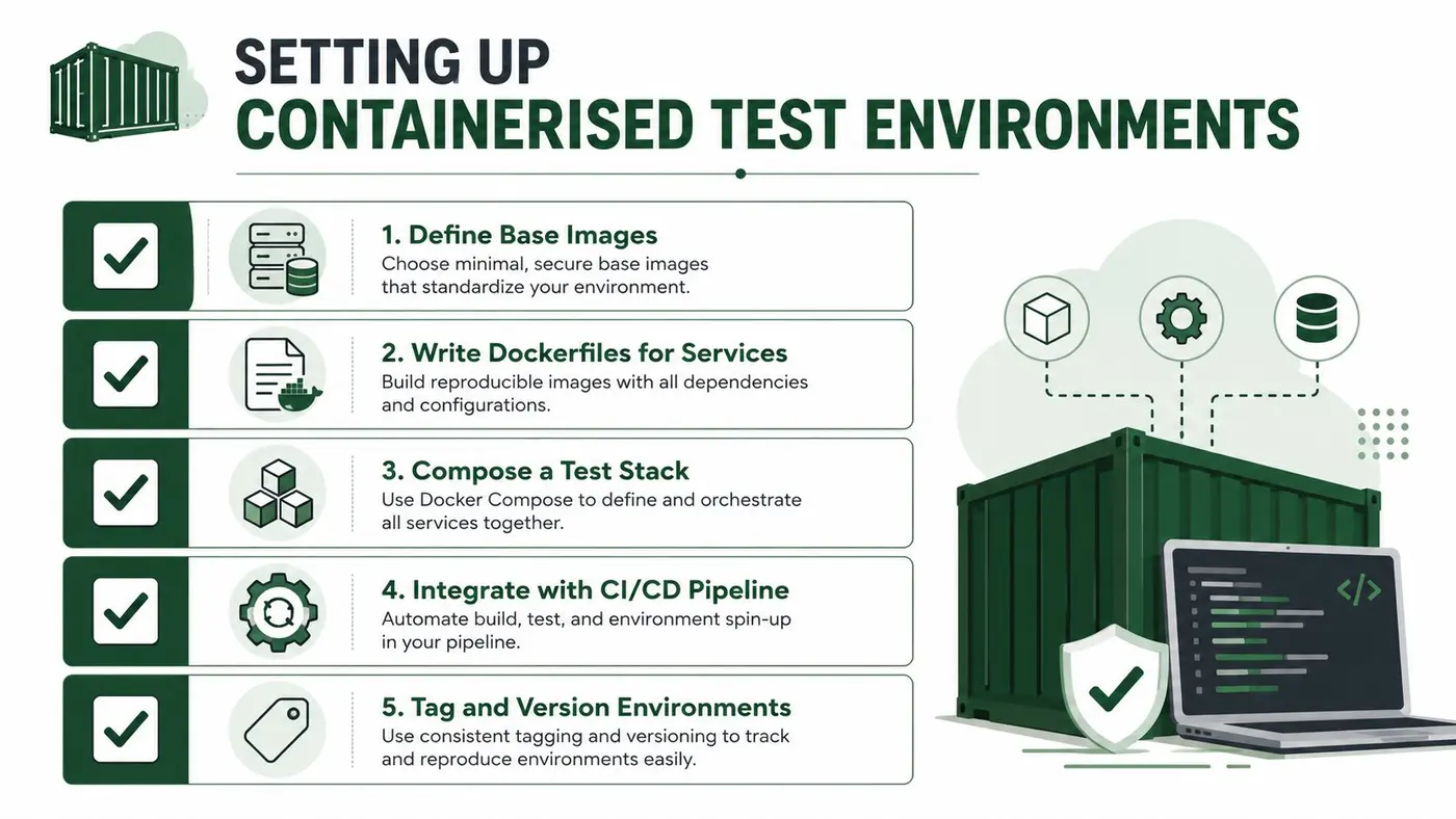 An infographic detailing five essential steps for setting up containerized test environments using Docker and CI/CD pipelines.