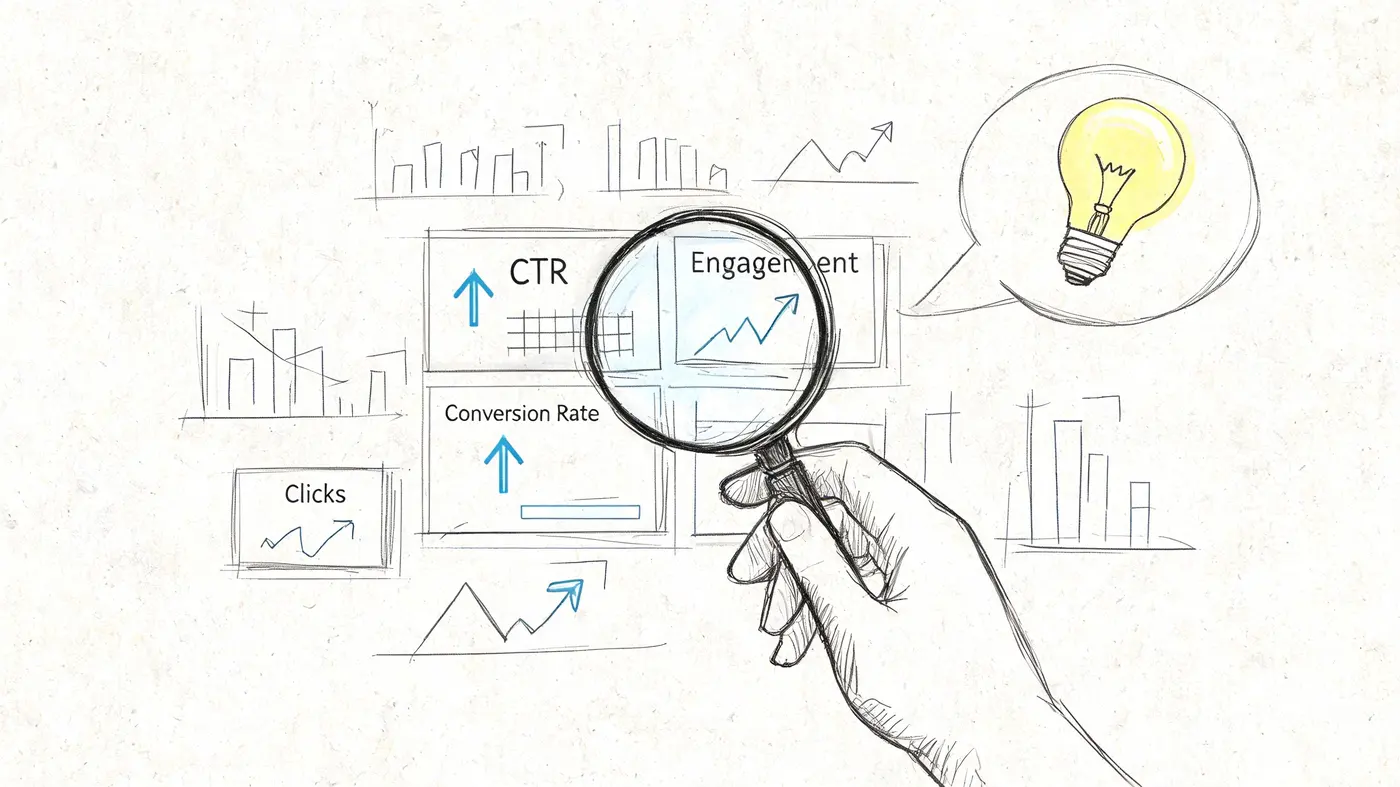 A hand holds a magnifying glass over digital marketing metrics like CTR, engagement, and conversion rate.