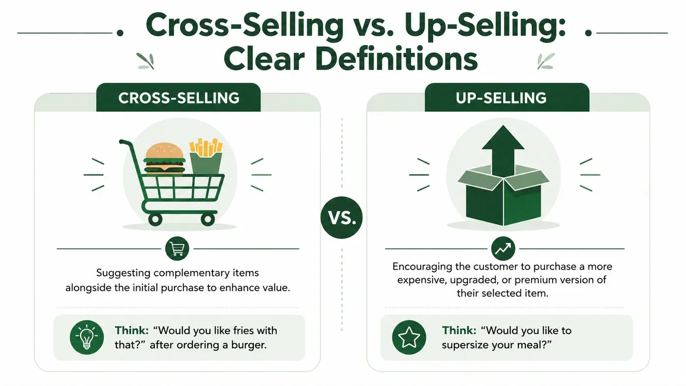 A visual comparison infographic defining the differences between cross-selling and up-selling strategies for customer purchases.