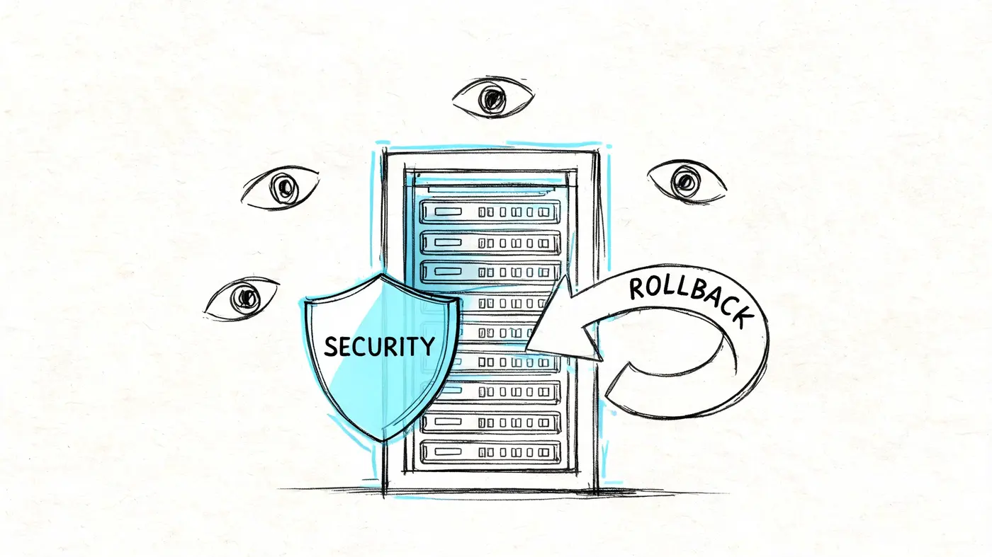 A hand-drawn illustration depicting server security with a shield and a rollback arrow icon.