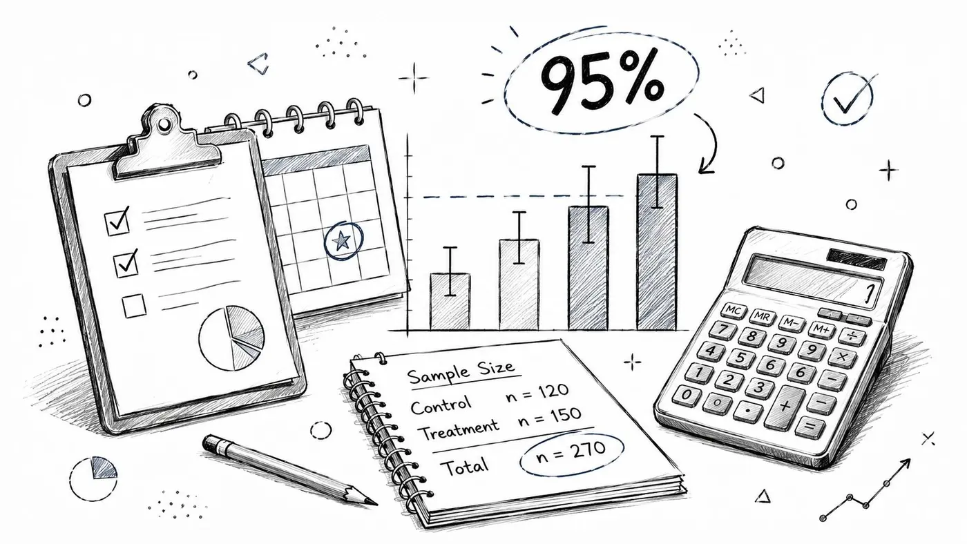 A hand-drawn sketch showing a clipboard, calendar, calculator, and a bar chart representing A/B testing data.