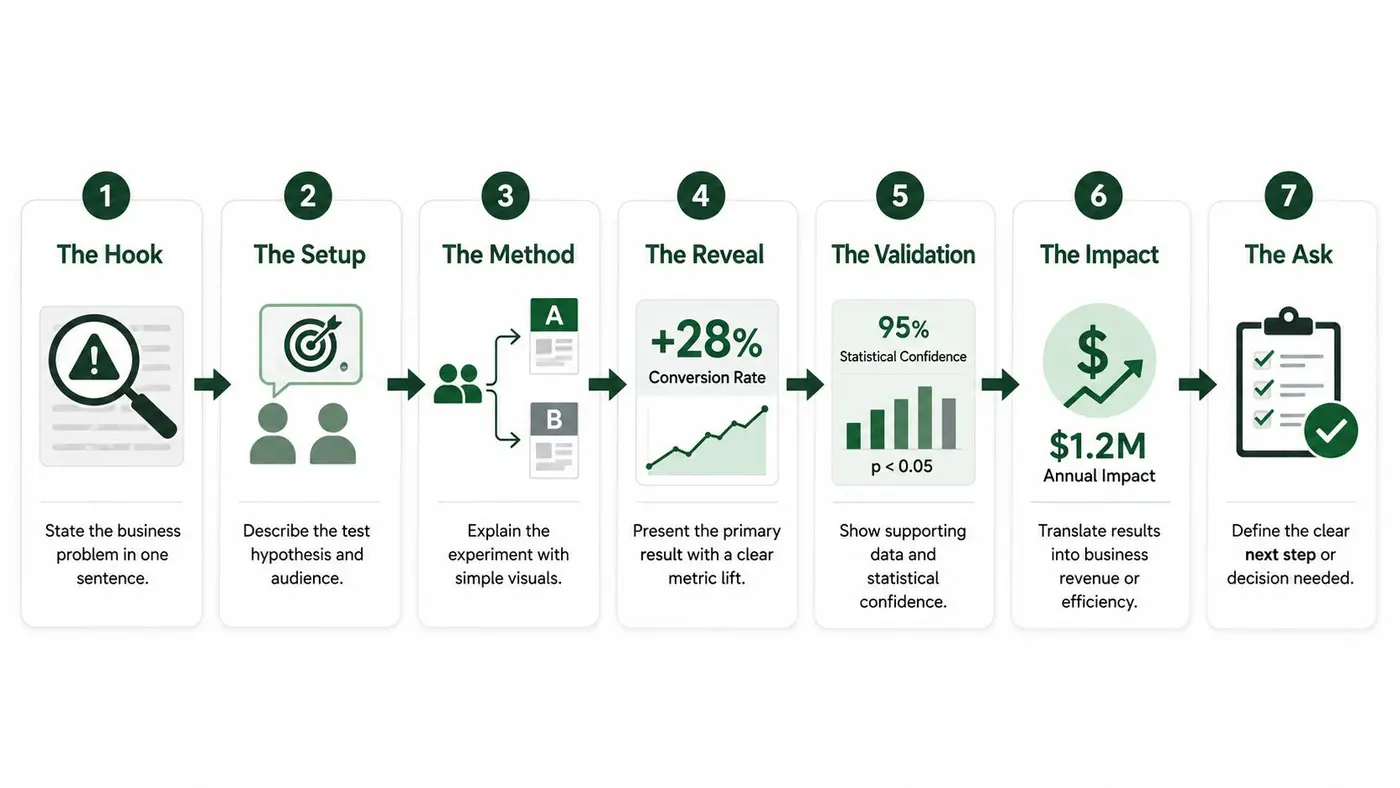 A seven-step process diagram illustrating how to structure an effective business case study presentation for stakeholders.