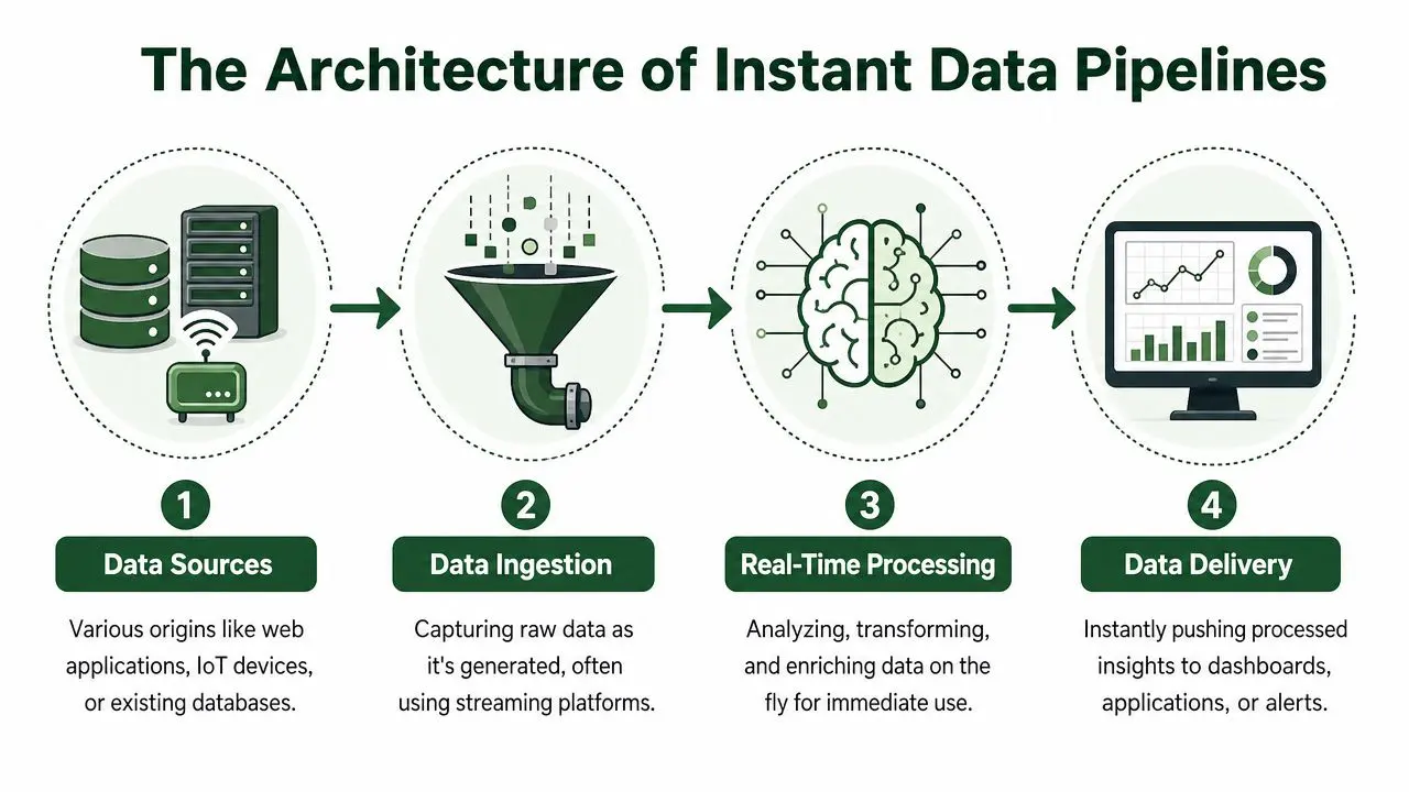 A diagram illustrating the four steps of an instant data pipeline from ingestion to real-time delivery.