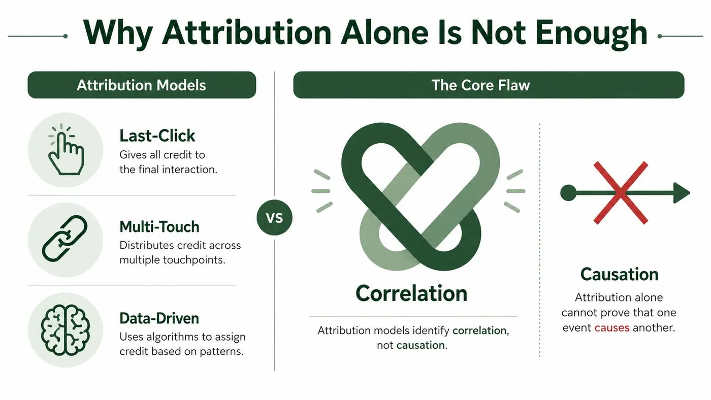 An infographic titled Why Attribution Alone Is Not Enough comparing attribution models to the concepts of correlation and causation.