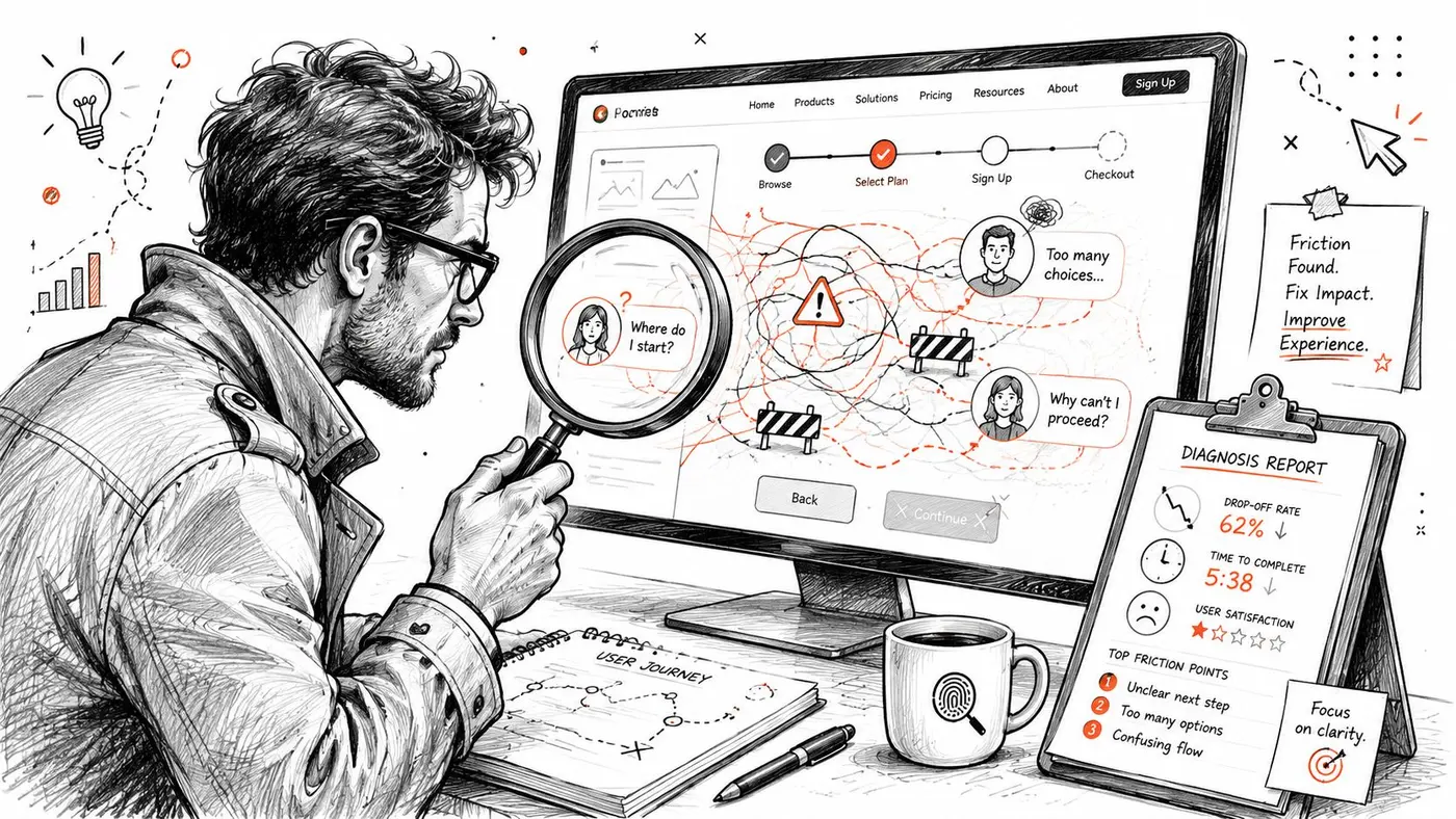 A professional analyzing a complex digital user journey on a computer screen to identify friction points.