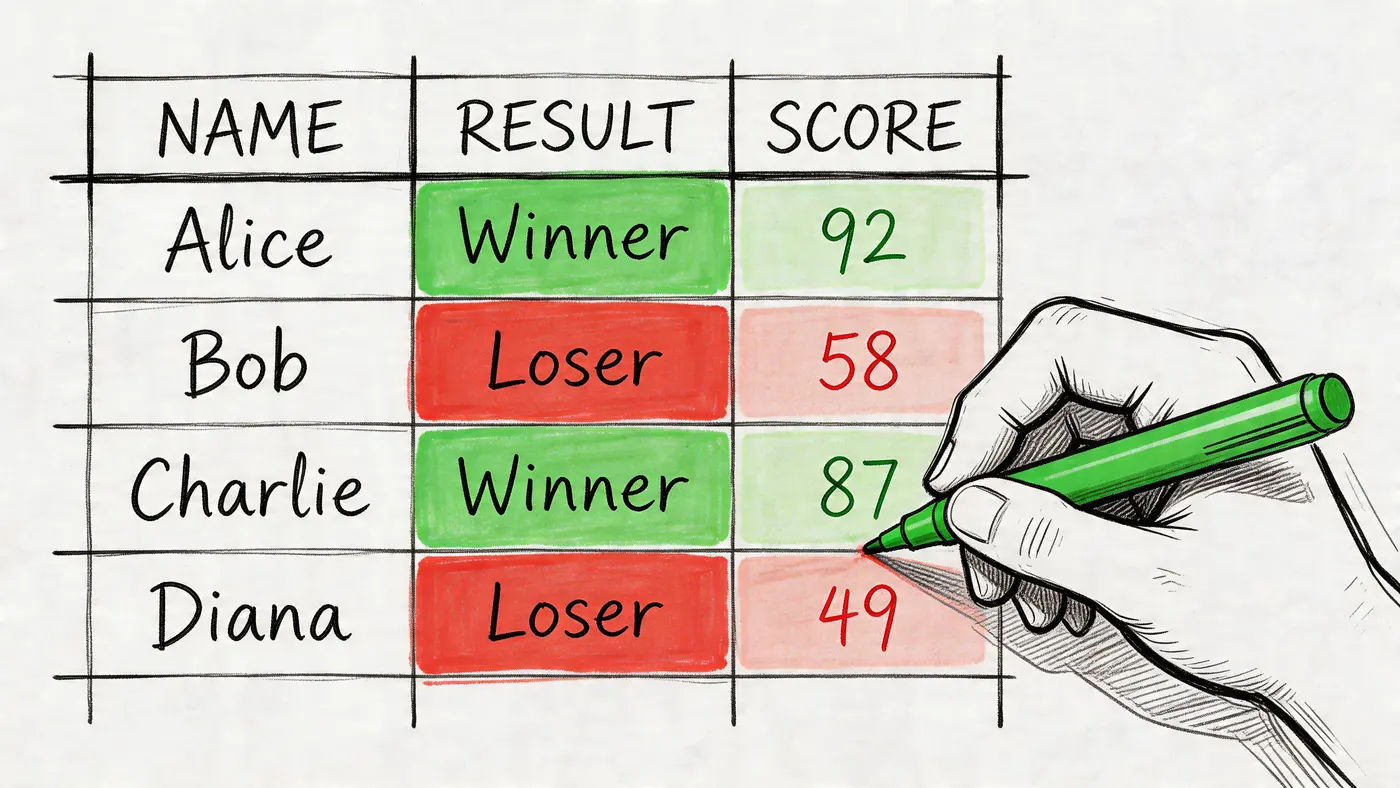 A hand holding a green marker writing a score on a competition results table with four names.
