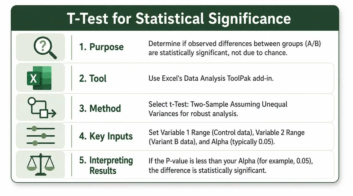 A five-step guide explaining how to perform a T-test for statistical significance in Microsoft Excel.