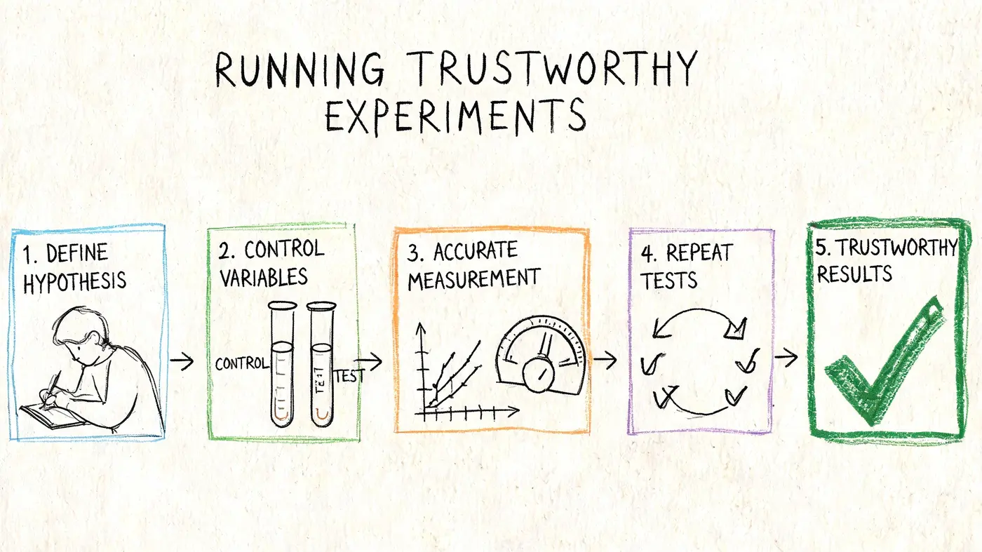 A hand-drawn five-step infographic illustrating the process for running trustworthy experiments, from hypothesis to results.