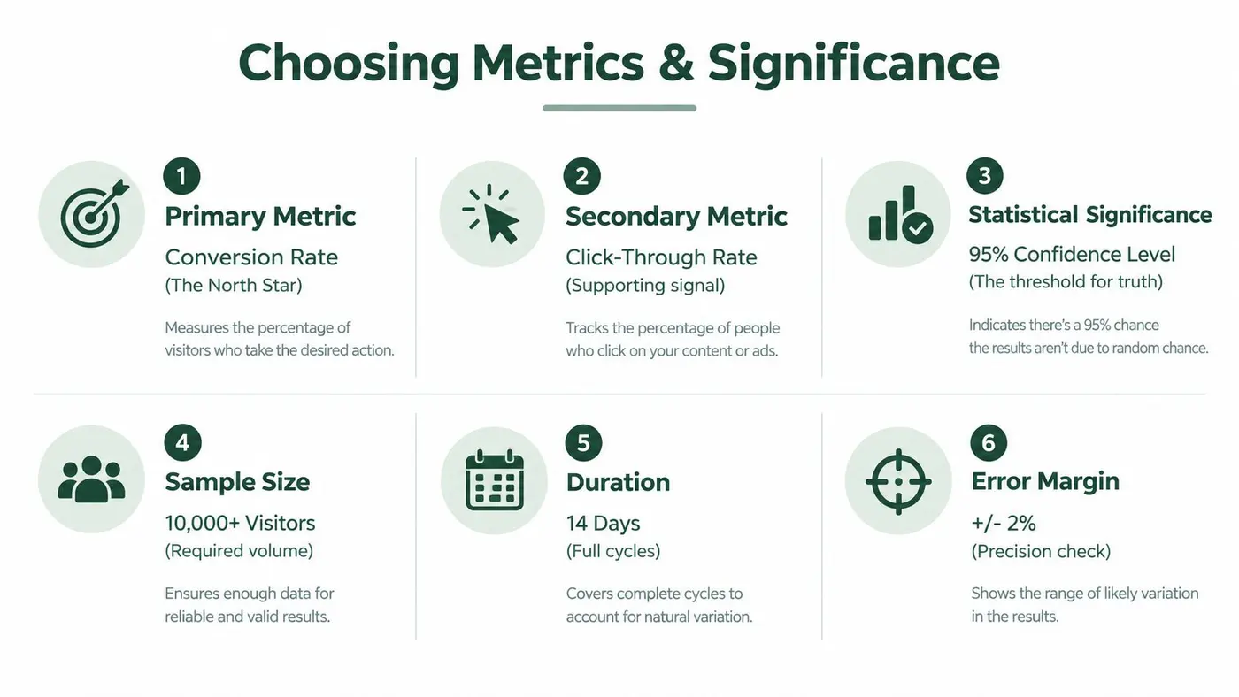 An infographic titled Choosing Metrics and Significance listing six essential components for evaluating data experiments.