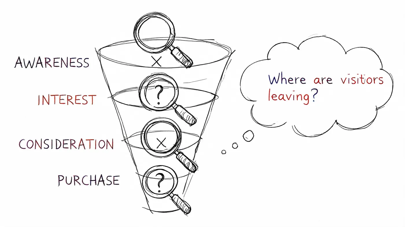A marketing funnel illustration showing stages of awareness, interest, consideration, and purchase with magnifying glasses.