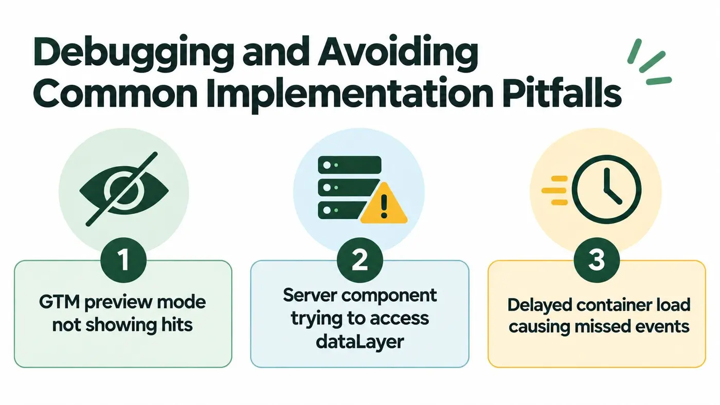 A visual guide identifying three common technical debugging issues when implementing Google Tag Manager in Next.js applications.