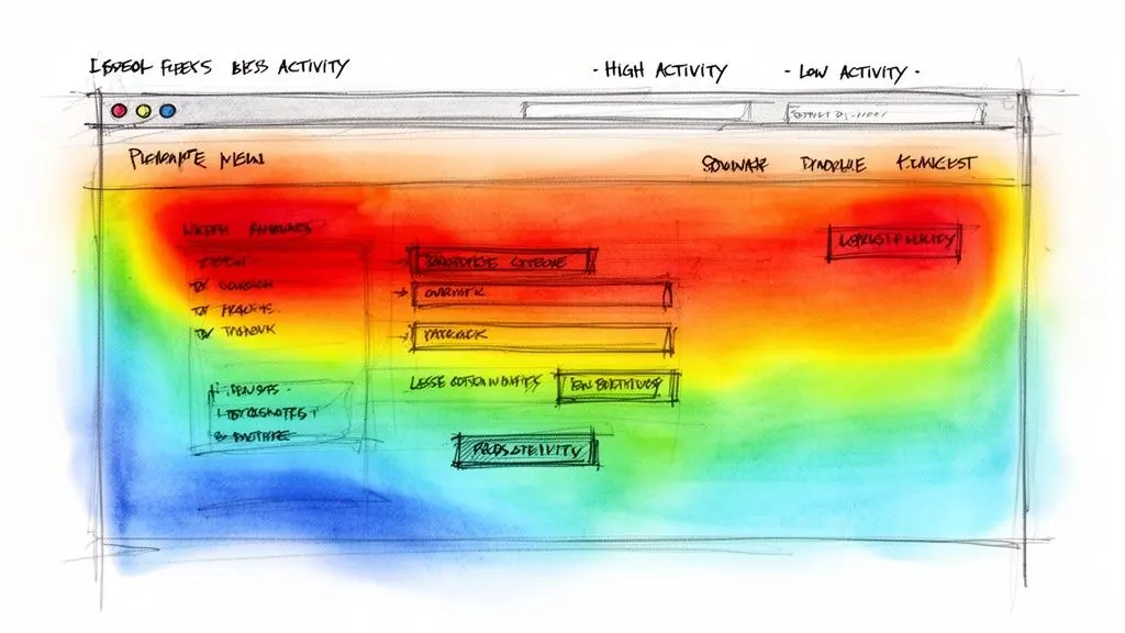 A hand-drawn sketch of a website interface featuring a color-coded heatmap overlay representing user activity levels.