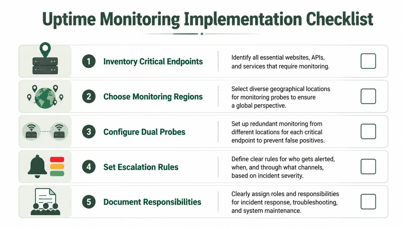 A five-step checklist for implementing uptime monitoring, detailing essential tasks for maintaining service availability and reliability.