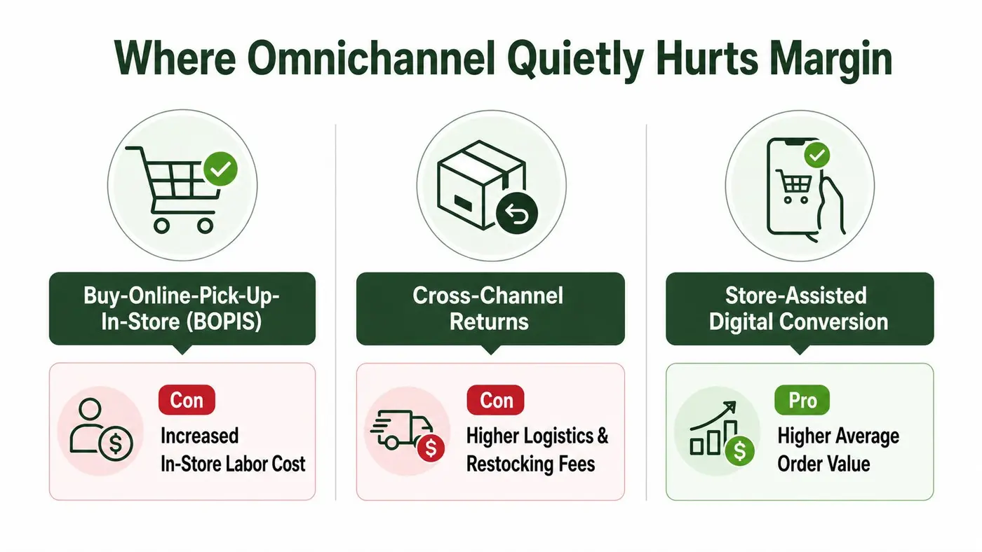 An infographic titled Where Omnichannel Quietly Hurts Margin highlighting BOPIS, returns, and digital conversion strategies.