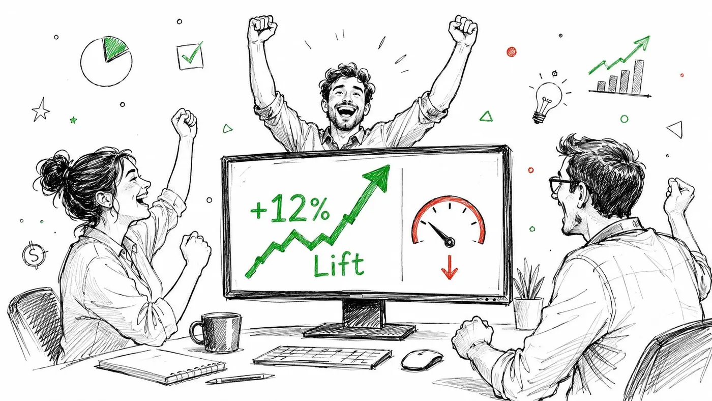 A team of three professionals cheering in front of a computer monitor displaying a 12% growth chart.