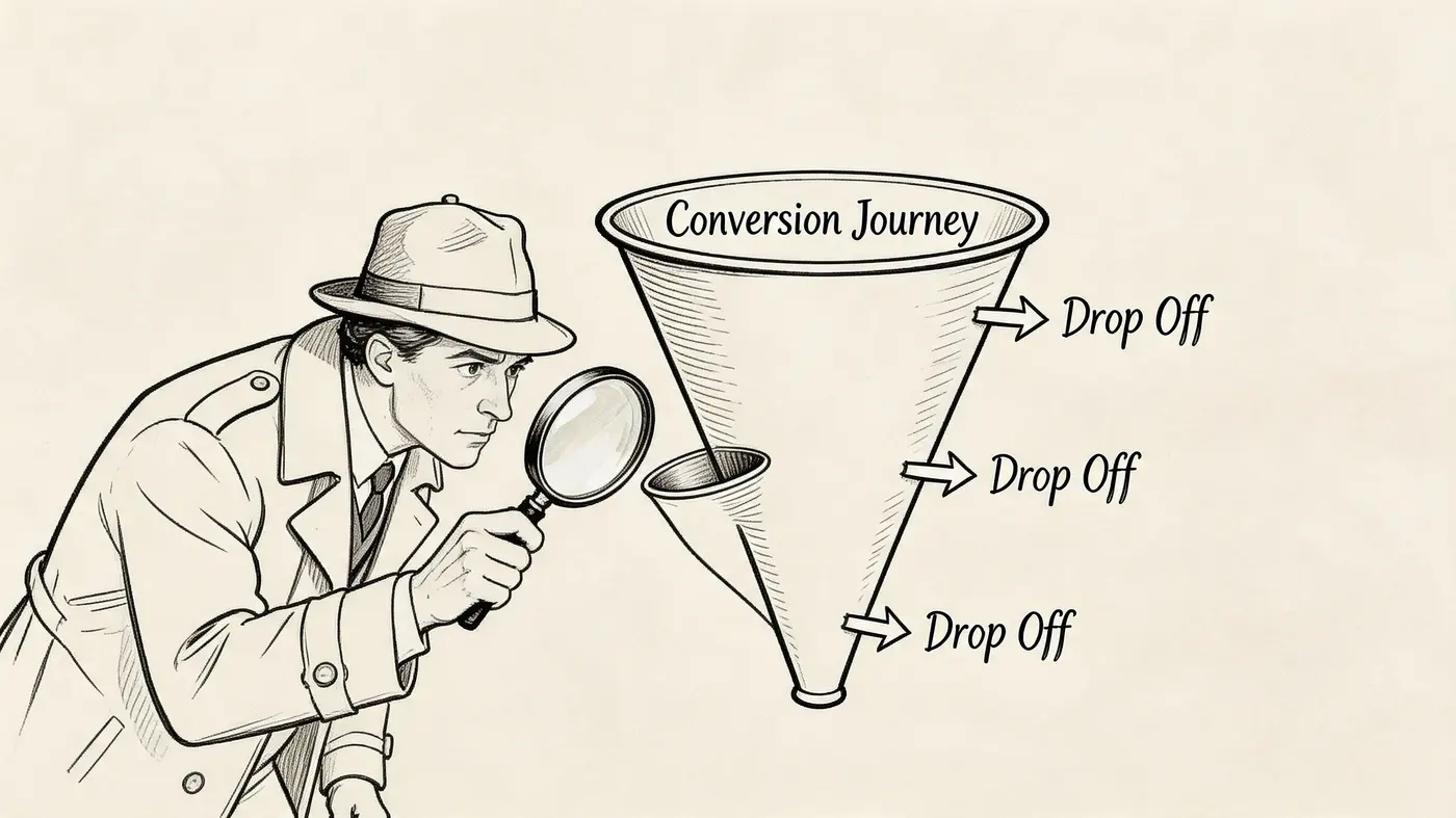 A detective examines a conversion funnel diagram with arrows pointing to multiple drop off points.