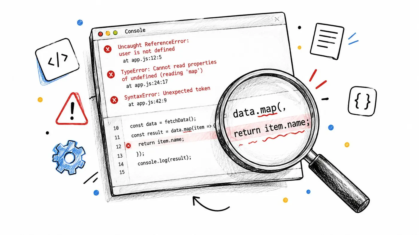 A hand-drawn illustration of a computer console window displaying JavaScript error messages with a magnifying glass highlighting code.