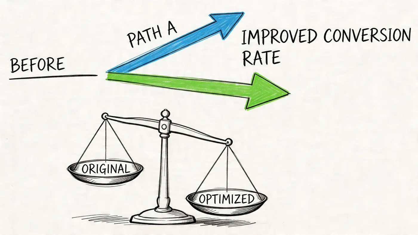 A hand-drawn illustration showing a scale comparing an original design to an optimized design for better conversion.