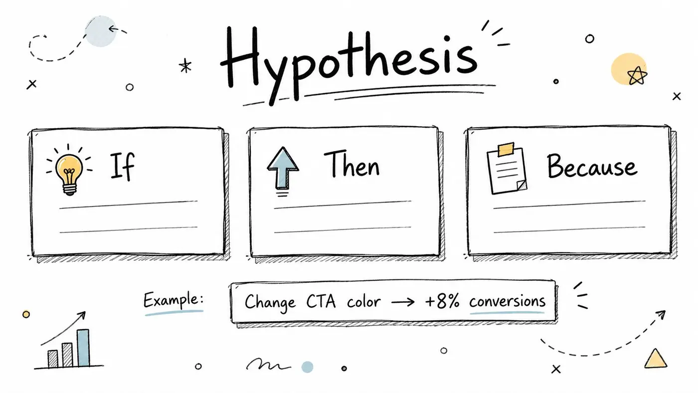 A hand-drawn graphic illustrating the hypothesis framework for A/B testing with sections for If, Then, and Because.