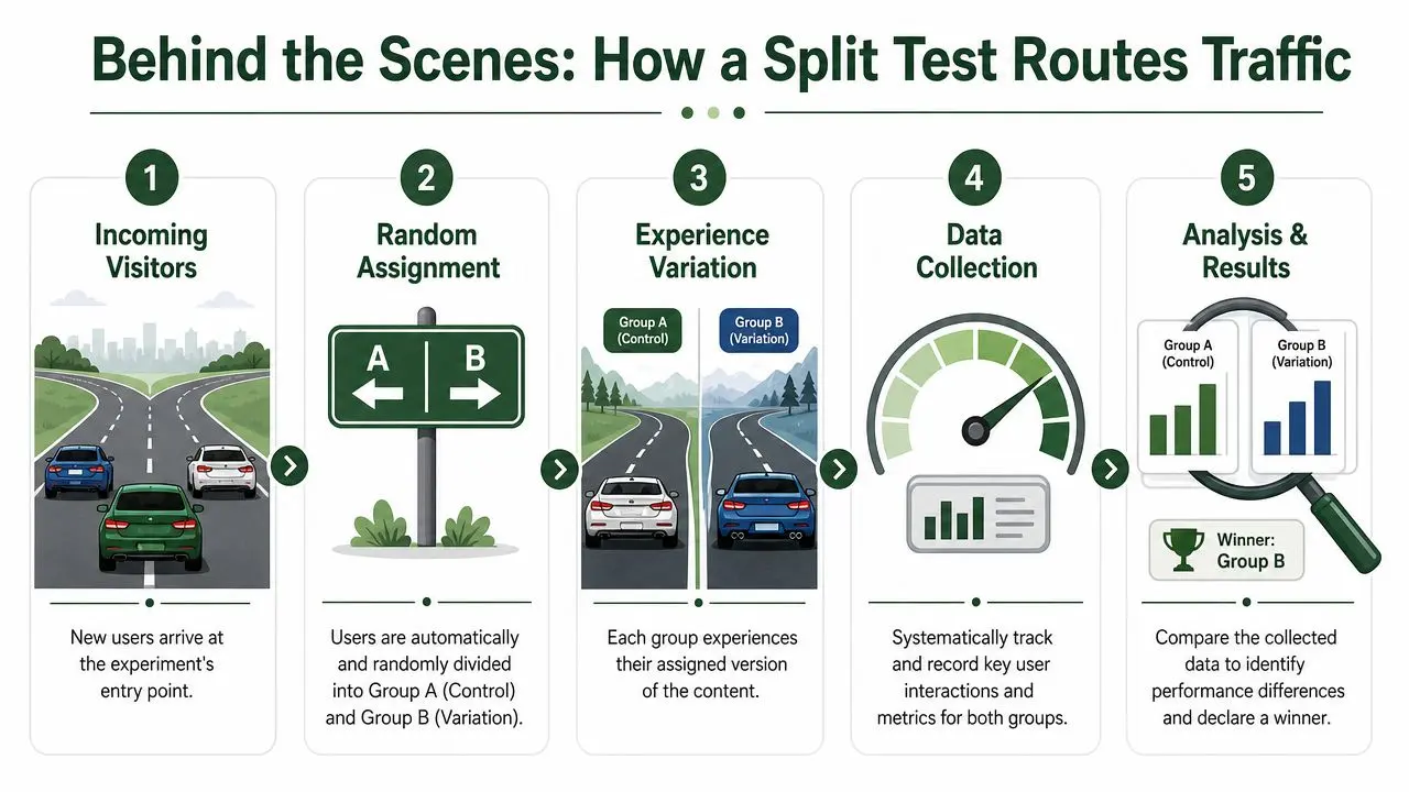 A five-step infographic illustrating how website split testing traffic is routed and analyzed to determine a winner.