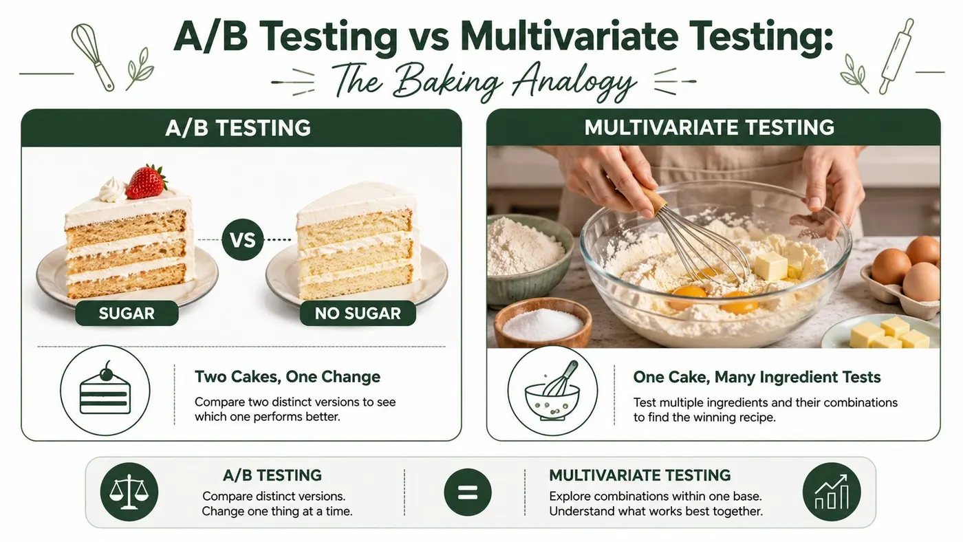 An infographic illustrating the differences between A/B testing and multivariate testing using a cake baking analogy.