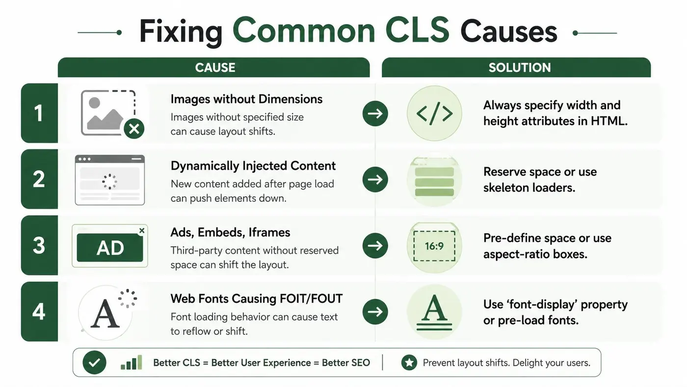 An infographic illustrating four common causes of Cumulative Layout Shift and their corresponding web development solutions.