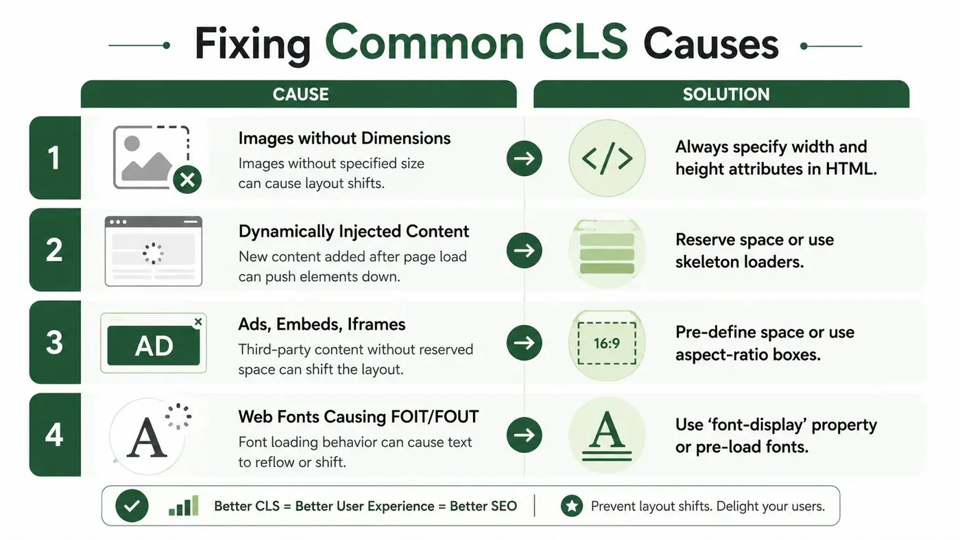 An infographic illustrating four common causes of Cumulative Layout Shift and their corresponding web development solutions.
