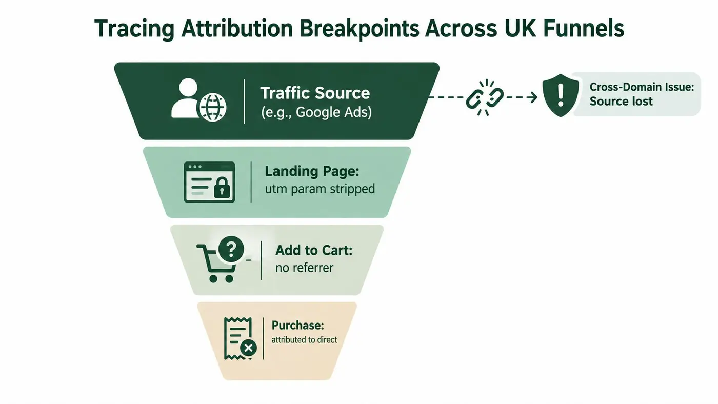 A funnel diagram illustrating how attribution breakpoints can cause conversion data loss across marketing channels.